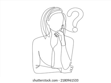 one line drawing of woman wondering, thinking solving problems.