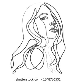 Eine Linie Zeichnung des Gesichts einer Frau mit Frisur. Minimalistische schöne Frau Mode-Konzept, Vektorgrafik.