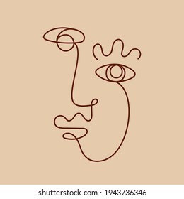 One line drawing women face. Abstract nature female portrait, continuous linear art for modern poster, logotype, minimalistic style. Vector lines