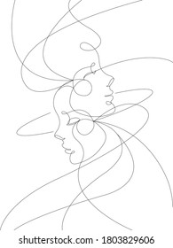 One line drawing women faces  Abstract line art face  modern contemporary minimalist portrait  Young girl hand drawn character  Vector illustration isolated white background 