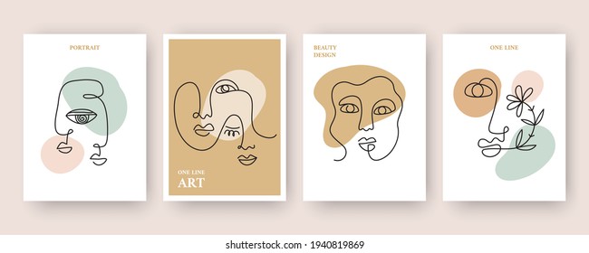 One line drawing women faces tags collection. Abstract organic shapes female portrait covers set. Abstract continuous linear art for modern poster, logotype, minimalistic style. Vector lines
