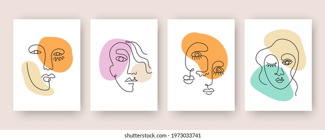 One line drawing women faces tags collection. Abstract organic shapes female portrait covers set. Fashion continuous linear art for modern poster, logotype, minimalistic style. Vector lines