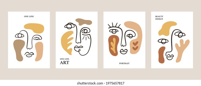 One line drawing women faces tags collection. Abstract organic shapes female portrait covers set. Fashion continuous linear art for modern poster, logotype, minimalistic style. Vector lines