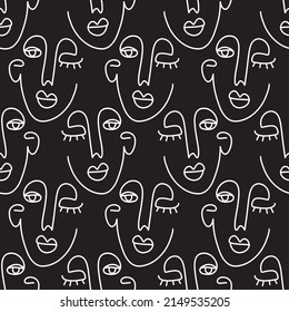 One line drawing women faces seamless pattern. White on Black Vector lines modern fashion poster, minimalistic style. Female Portrait Endless Background. Abstract continuous linear art, t shirt print.