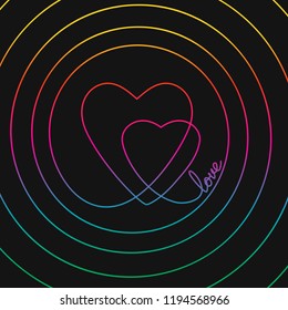 One line drawing of word LOVE and two hearts inside spiral, Rainbow colors on black background vector minimalistic linear illustration of love and life concept made of continuous line