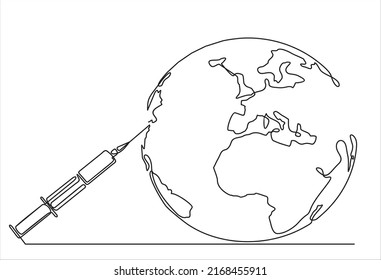 One line drawing world. Simple modern minimalism continuous earth vector and syringe with vaccine.