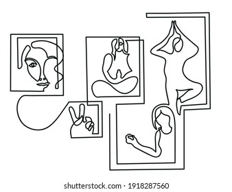 One line drawing of yoga poses inside picture frames.
One continuous line drawing of woman yoga and meditating