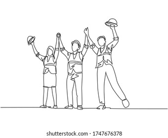 One line drawing of young architect woman and builder wearing construction vest fist their hands up the air to celebrate a project deal. Great teamwork concept. Continuous line drawing illustration