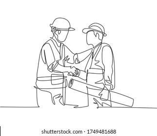 One line drawing of young architect holding on a roll paper and builder foreman wearing construction vest and helmet handshake to deal a project. Great teamwork concept. Continuous line drawing