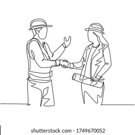 One line drawing young architect woman   builder foreman wearing construction vest   helmet shaking their hands together  Great teamwork concept  Continuous line drawing  vector illustration