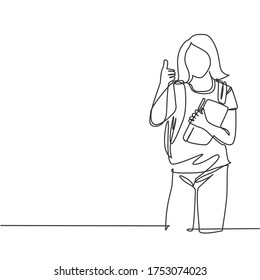 One line drawing of young beauty elementary school girl student holding book and school bag while gives thumb up gesture. Education concept continuous line draw design vector graphic illustration