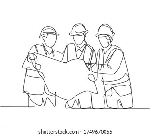 Eine Linienzeichnung von jungen Bauern und Architekten, die zusammen Bautruhe und Helm tragen und nach Baudesign auf blauem Druck suchen. Großartiges Teamwork-Konzept. Grafischer Zeichenvektor