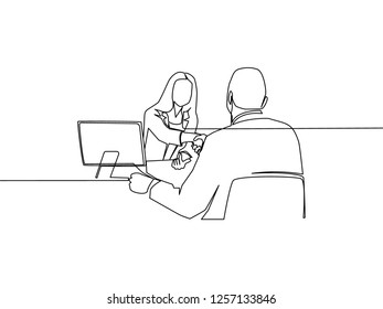 One line drawing of young business woman accept new employee after interview. Single line drawing of deal business concept. Vector illustration design