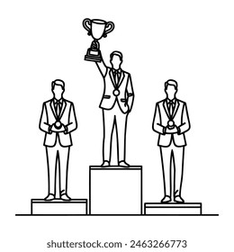 One line drawing of a young businessman in a suit lifting a golden trophy with one hand on a podium