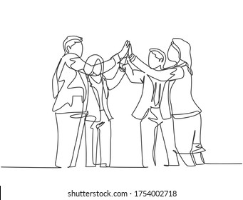 One line drawing of young businessmen and businesswomen celebrating their successive goal at the business meeting with high five gesture. Business deal concept continuous line draw design illustration