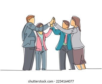 Dibujo de una línea de jóvenes empresarios y mujeres de negocios celebrando su gol sucesivo en la reunión de negocios con un gesto de alto cinco. Ilustración de diseño de líneas continuas de concepto de negocio