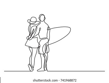 one line drawing of young couple standing on beach with surfboard
