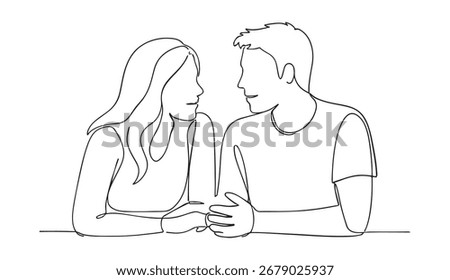 one line drawing of Young couple talking and sharing a moment together