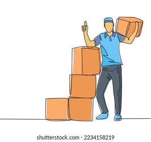One line drawing of young delivery man gives thumbs up gesture while lift up and deliver carton box packages to customer. Delivery service concept. Continuous line draw design vector illustration