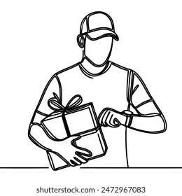 One line drawing of young delivery man looks at his watch. Delivery service concept. Continuous line draw design vector illustration