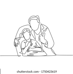 Un dibujo de una línea de un joven dentista calmando a su pequeño paciente y dando gestos de pulgares hacia arriba. Concepto de atención de la salud de los adolescentes. Ilustración gráfica vectorial de diseño de línea continua