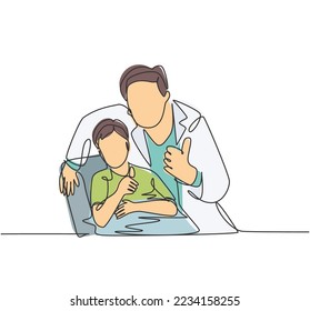 One line drawing of young dentist man calming down his little boy patient and giving thumbs up gesture. Teeth health care concept. Continuous line draw design vector graphic illustration