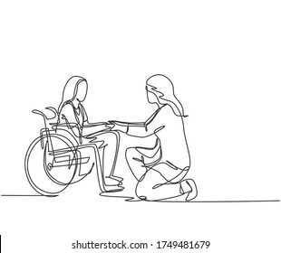 One line drawing of young doctor visiting and handshaking the old patient with wheelchair in hospital. Health care service concept. continuous line drawing vector illustration