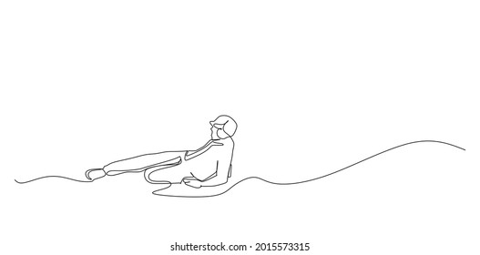 One line drawing of young energetic man baseball player practice swing and hit the ball with a bat vector illustration. Sport training concept. Modern continuous line draw design