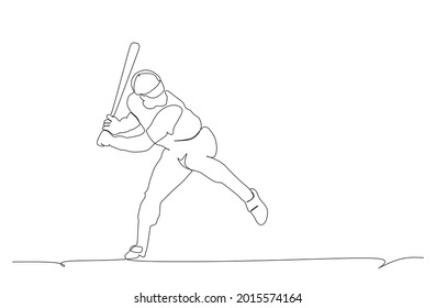 One Line Drawing Of Young Energetic Man Baseball Player Practice Swing And Hit The Ball With A Bat Vector Illustration.Sport Training Concept.Modern Continuous Line Draw Design For Baseball  Promotion