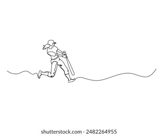 One line drawing of young energetic woman baseball player practice to hit the ball vector illustration. Sport training concept. Modern continuous line draw design for baseball tournament banner
