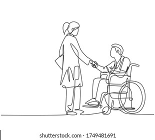 One line drawing of young female doctor visiting and handshaking the patient with wheelchair in hospital. Continuous line drawing design, vector illustration