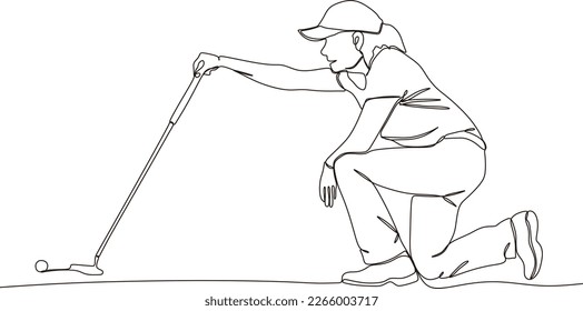  One line drawing of young female golf player swinging golf club and hitting ball. Relax sport concept. Tournament promotion design vector graphic illustration