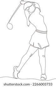 One line drawing of young female golf player swinging golf club and hitting ball. Relax sport concept. Tournament promotion design vector graphic illustration