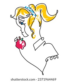 One line drawing of young girl eating red apple.
One continuous line drawing blonde school girl.