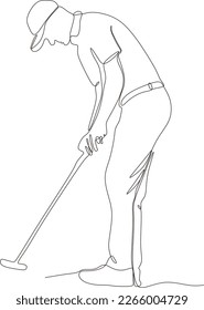  One line drawing of young golf player swinging golf club and hitting ball. Relax sport concept. Tournament promotion design vector graphic illustration