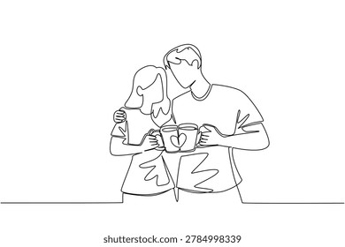 One line drawing of young handsome man and beauty woman sharing a romantic toast with heart shape decorated coffee mugs. Cozy cafe date concept for beverage advertisement or blog post graphic.