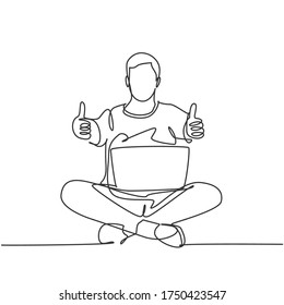 One line drawing of young happy male student sitting on the floor to study while holding laptop. Education on campus university concept. Continuous line draw graphic design, vector illustration