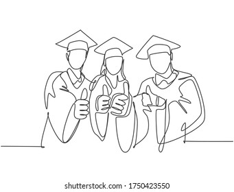 One line drawing of young happy graduate college students wearing graduation dress and giving thumbs gesture. Education graduating concept. Continuous line draw design graphic vector illustration