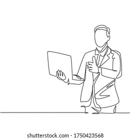 One line drawing of young happy businessman stand up and carrying laptop while giving thumbs up gesture. Business service excellence concept. Continuous line draw design graphic vector illustration