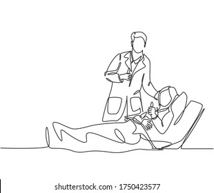 One line drawing of young happy doctor visiting patient who are lying weak on the bed and giving thumbs up gesture. Medical healthcare service concept. Continuous line draw design vector illustration