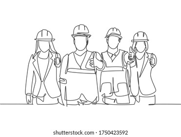 One line drawing of young happy male and female building builder groups wearing helmet giving thumbs up gesture. Great team work concept. Trendy continuous line draw design graphic vector illustration