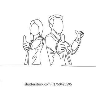 One line drawing of young happy couple businessman and businesswoman giving thumbs up gesture. Great business teamwork concept. Continuous line graphic draw design vector illustration