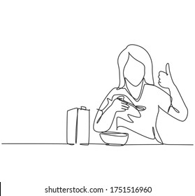 One line drawing of young happy woman eating breakfast with cereal and milk and giving thumbs up. Healthy nutrition food concept. Continuous line draw design vector graphic illustration