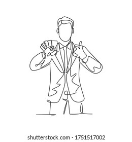 One line drawing of young happy successful businessman show money paper stack and gives thumbs up gesture. Business success concept. Continuous line draw design vector illustration