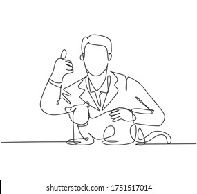 One Line Drawing Of Young Happy Veterinarian Doctor Pose Thumbs Up Gesture After Treating Sick Cat At Clinic. Pet Health Care Concept. Continuous Line Draw Design Vector Illustration