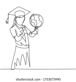 One line drawing of young happy female student carrying a globe and wearing graduation hat and giving thumbs up gesture. Education concept continuous line graphic draw design vector illustration