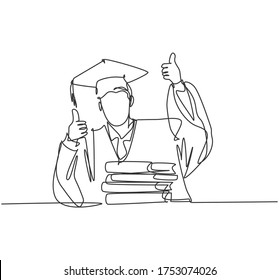 One Line Drawing Of Young Happy Graduate Male College Student Wearing Graduation Uniform And Giving Thumbs Up Gesture In Front Of Books Stack. Education Concept Continuous Line Draw Design Vector