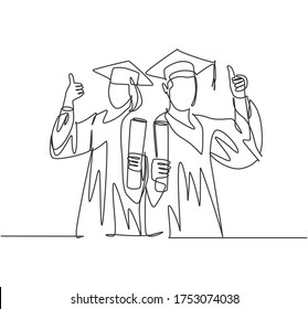 One line drawing of young happy couple male and female student wearing graduation uniform and holding the diploma certificate paper. Education concept continuous line draw design vector illustration