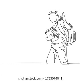 One line drawing of young happy elementary school boy student carrying stack of books and giving thumbs up gesture. Education concept continuous line draw design vector illustration