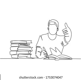 One Line Drawing Of Young Happy Male College Student Studying And Reading Stack Of Books In Library While Gives Thumbs Up Gesture. Education Continuous Line Draw Graphic Design Vector Illustration
